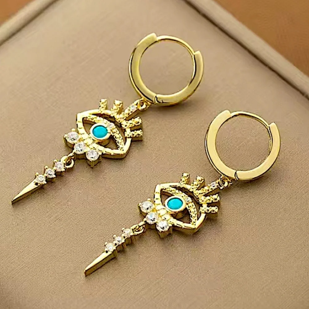 Gold 14K Evil Eye Hoop Zircon Drop Dangling Minimalist Earrings - Picture 4 of 8